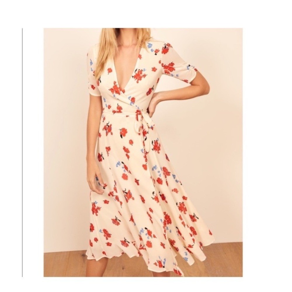 REFORMATION Chagall Cream Red Floral Print NAPA Wrap Midi Crepe Dress Size A